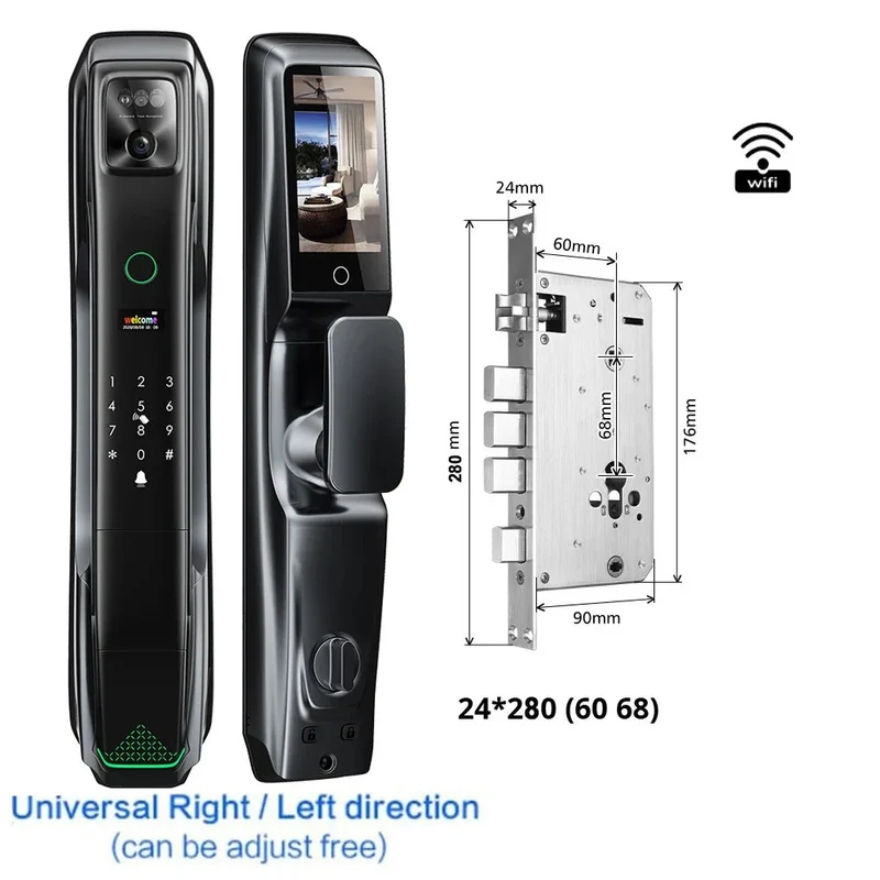 Smart Deurslot – Elektronisch Slot – Digitale Deurslot – Slimme Deurslot – Gezichtsherkenning Slot – Video Deurbel – Veelzijdige Ontgrendelmethodes – Robuuste Aluminium Behuizing - 24x280 - 6068 Insteekslot