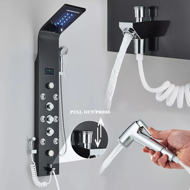 Douchesysteem – Regendouche – Douchepaneel – Doucheset – Thermostaatkraan – Zwart RVS – 5-in-1 Multifunctioneel – Hydraulisch Zonder Elektriciteit