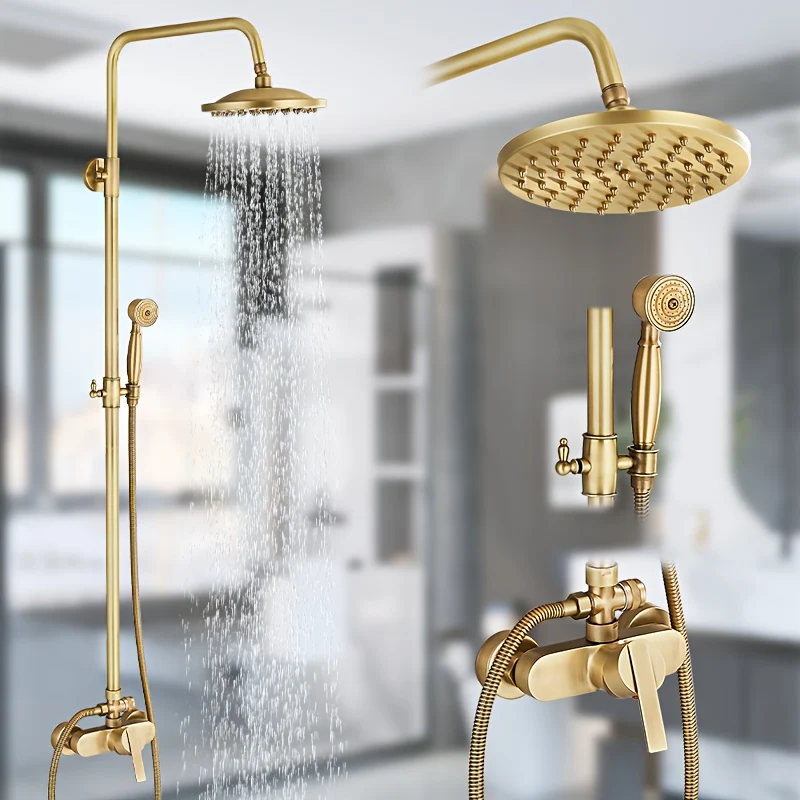 Doucheset – Douchekraan – Douchekop – Regendouche – Handdouche – Antiek Messing – 20 cm Rond – 360° Draaibaar – Verstelbare Hoogte