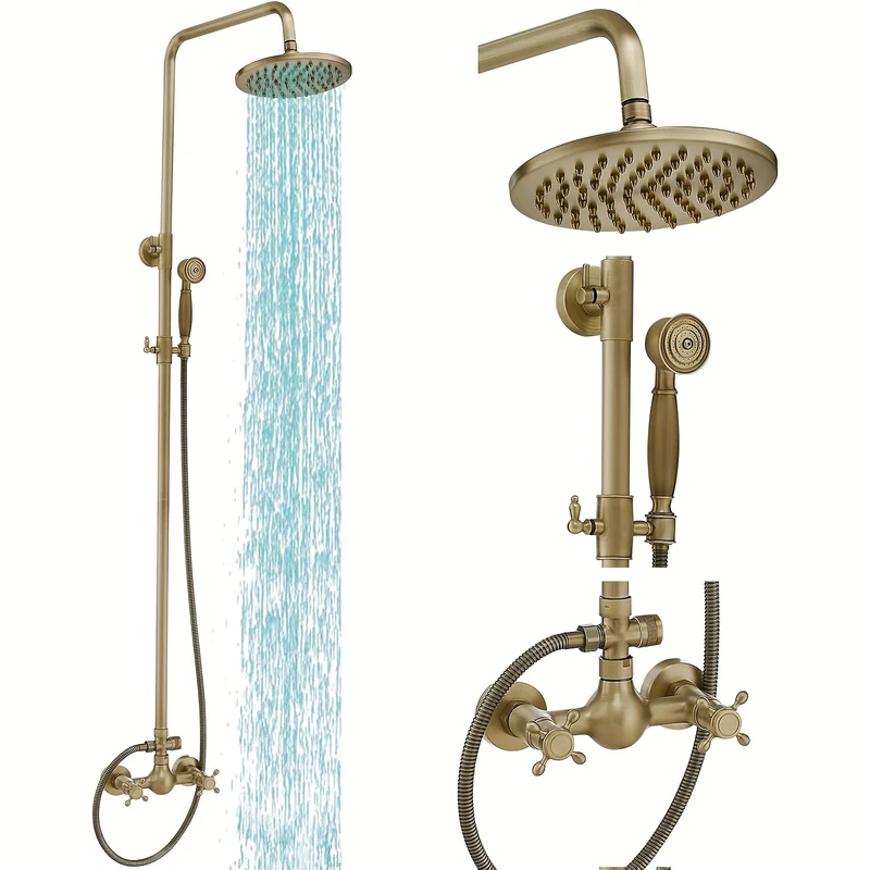 Doucheset – Regendouche – Handdouche – Douchekraan – Wandmontage – Antiek Messing – 20,32 cm Rond – Warm- en Koudwaterbediening