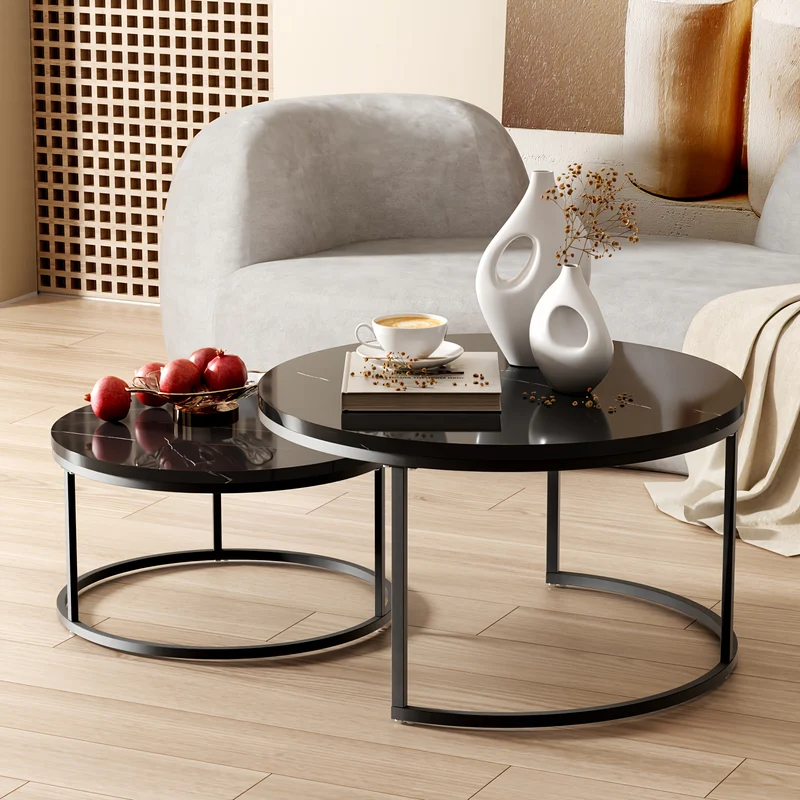 Salontafel – Bijzettafel – Nachtkastje – Bijzettafeltje – Kleine Tafel – Set Van 2 – Marmerlook Blad – Metalen Frame – Nestbaar Design – Ruimtebesparend – Eenvoudige Montage – Zwart