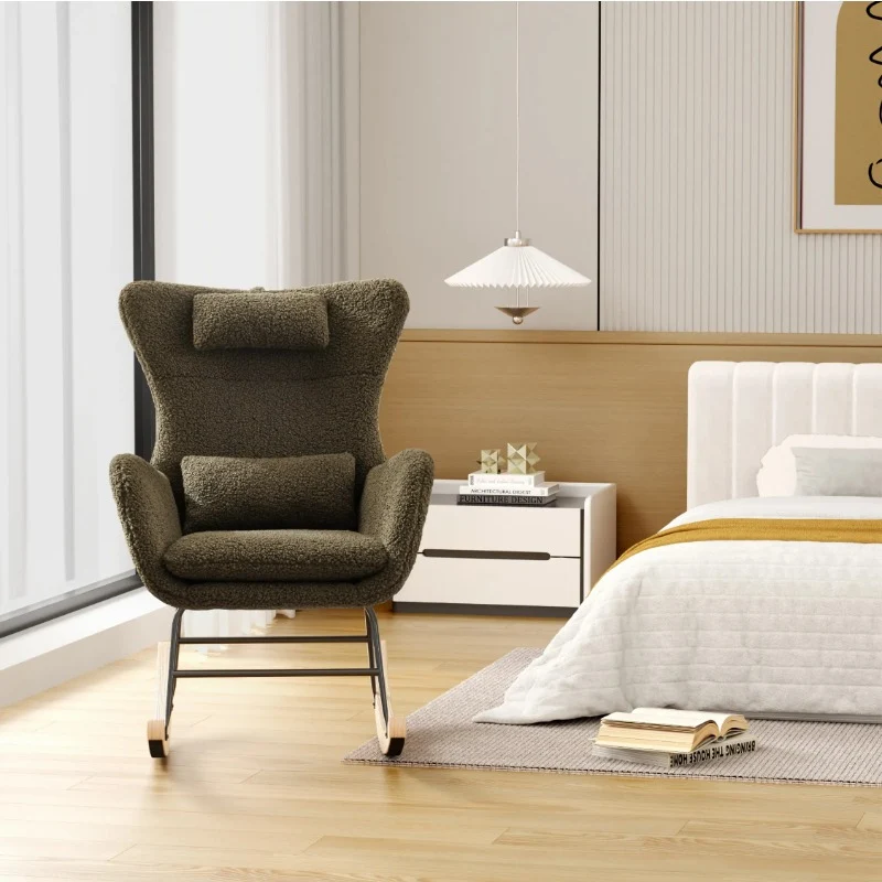 Schommelstoel – Lounge Fauteuil – Relaxstoel – Zachte Teddy Pluche Stoel – Woonkamer Stoel – Met Hoofdkussen – Draagkracht 113 kg – Wit