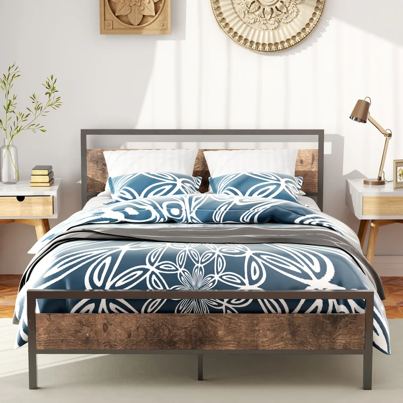 Bedframe – Bed – Eenpersoonsbed – Slaapbank – Jeugdbed – Metalen Frame – Houten Accenten – 140x200 cm – Stevig Met Stalen Constructie