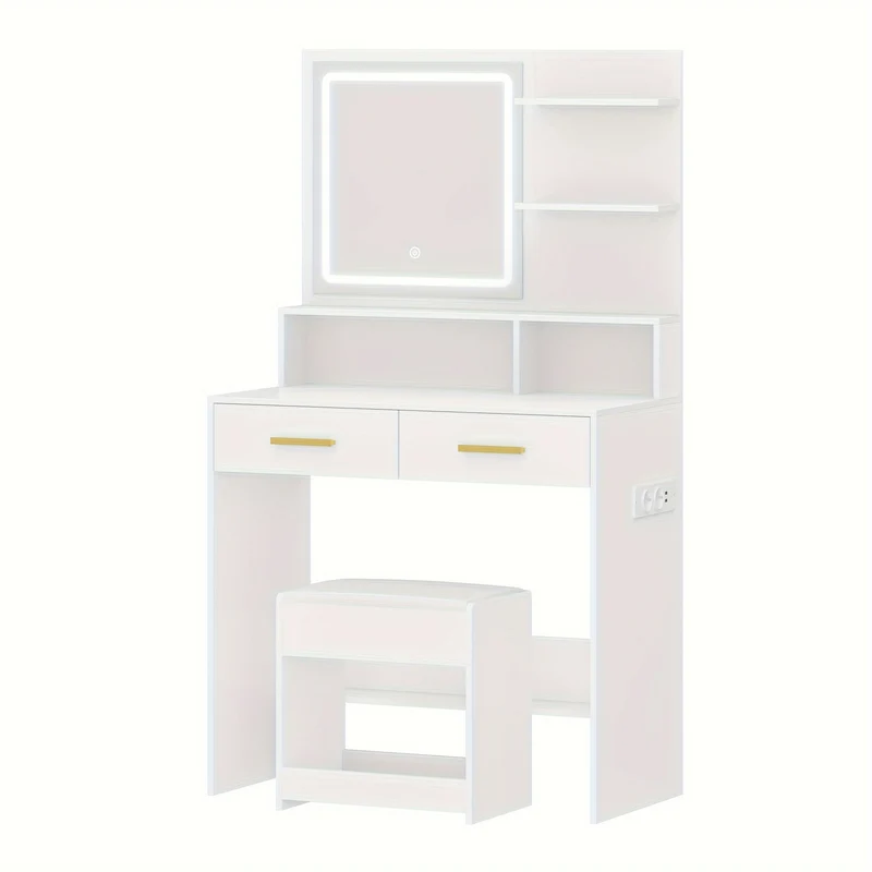 Kaptafel – Make-up Tafel – Dressing Table – Cosmeticatafel – Opmaaktafel – Verstelbare LED Verlichting – USB- & Stopcontacten – Wit – Met Kruk – 2 Lades – Open Planken – 140x80x40 cm – Houtvezelplaat