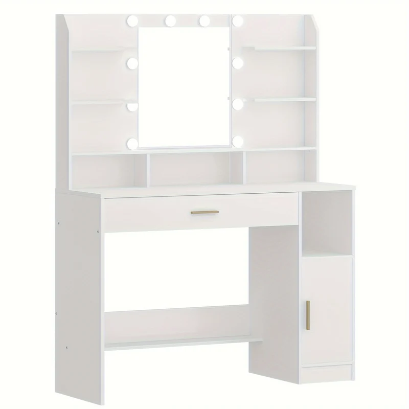Make-uptafel – Make-uptafel – Schminktisch – Dressoir – Kaptafel – Witte Afwerking – Grote Tafelplaat – Verstelbare Verlichting – Opbergkasten en Lades – Open Planken