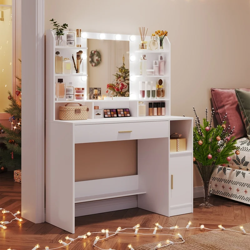Kaptafel – Make-uptafel – Schminktafel – Dressing Table – Schoonheidstafel – Wit – Grote Tafelblad – Instelbare Verlichting
