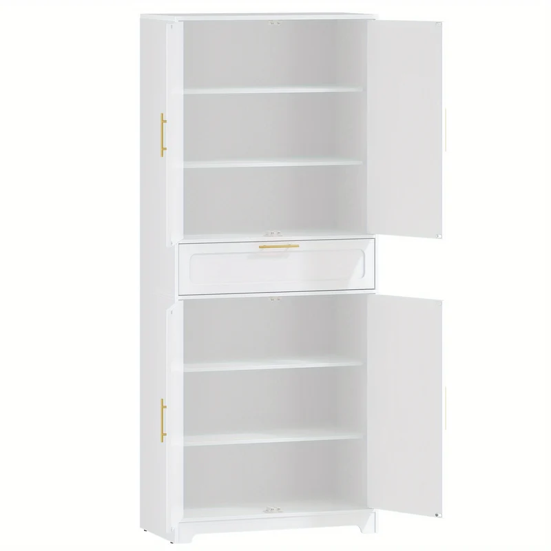 Kast – Opbergkast – Buffetkast – Keukenkast – Hoge Kast – 4 Deuren Met Grote Lade – Verstelbare Planken – Wit Spaanplaat