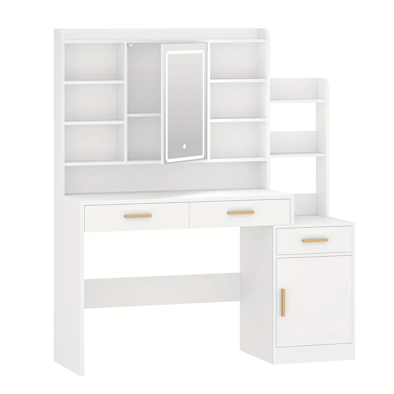 Make-uptafel – Kaptafel – Make-upmeubel – Schminktisch – Witte Make-uptafel – Groot Tafelblad 130 cm – Negen Open Schappen – Twee Lades – Kastje Met Plank