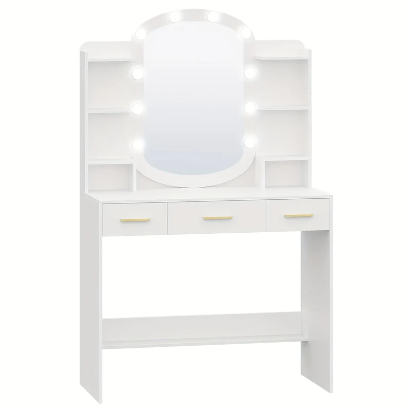 Makeuptafel – Kaptafel – Cosmeticatafel – Vanitafel – Make-up Tafel – Witte Make-up Tafel met Ovale Spiegel – 10 LED Lampjes met Instelbare Helderheid – 3 Lades en 6 Open Vakken, 40x90x144 cm