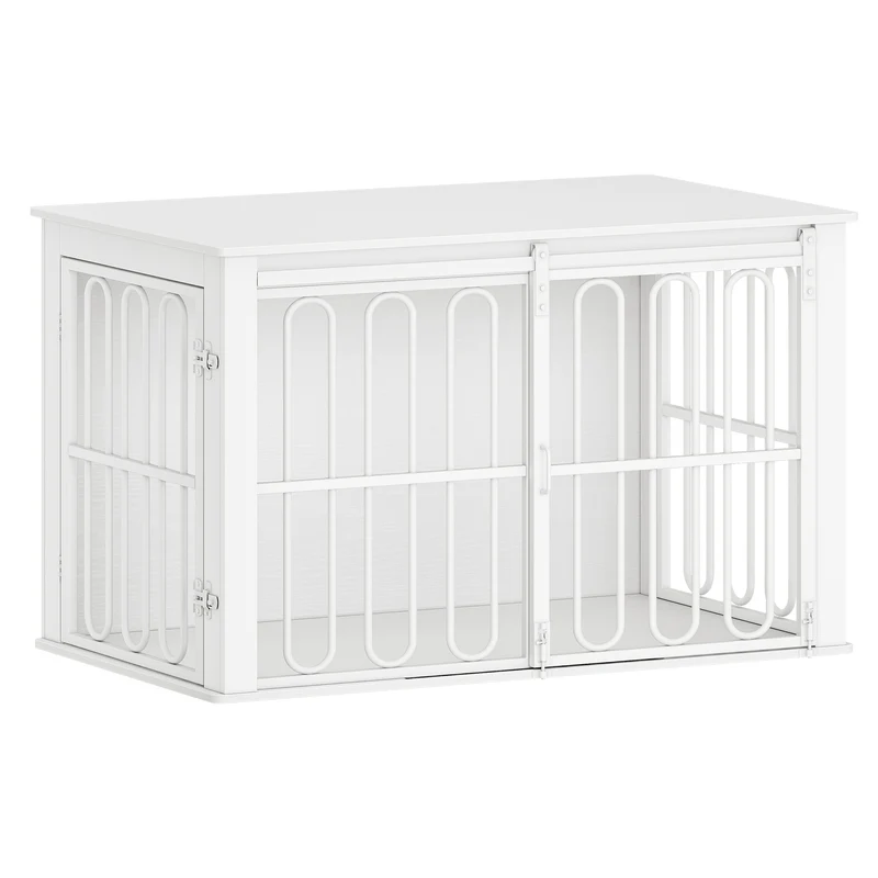 Hondenbench – Hondenkooi – Huisdierbench – Hondenhok – Bijzettafel – Dubbele Deuren Met Schuifsluiting – Stevig Wit-Bruin Design 60x100x62,4 cm