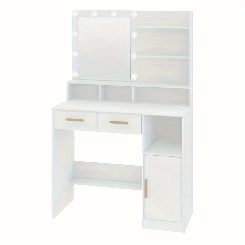 Kaptafel – Make-up Tafel – Vanity – Dressing Table – Cosmeticatafel – Met Spiegel en 10 LED Lampen – Verstelbare Helderheid – 2 Lades & 1 Kast – 3 Planken & 4 Open Vakken – Wit – MDF