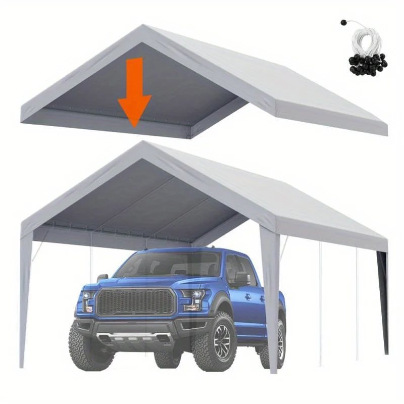 Carport Zeil – Carport Hoes – Garage Tent – Autoluifel – Overkapping Zeil – Waterdicht – UV-Bestendig – 3,66x6,1 Meter – Eenvoudige Installatie Met Ball-Bungees – Lichtgrijs