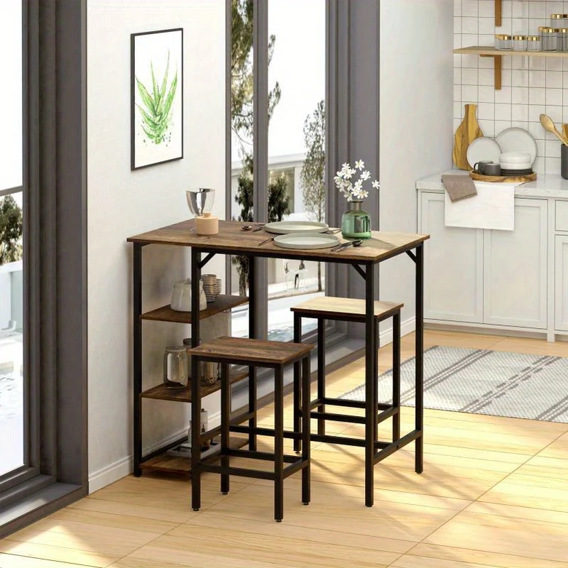 Bartafelset – Bartafel – Statafel – Eettafelset – Barset – Industrieel Design – 109x60x100 cm – Rustiek Bruin Hout Met Zwart Stalen Frame – Inclusief 2 Barstoelen En Opbergrek
