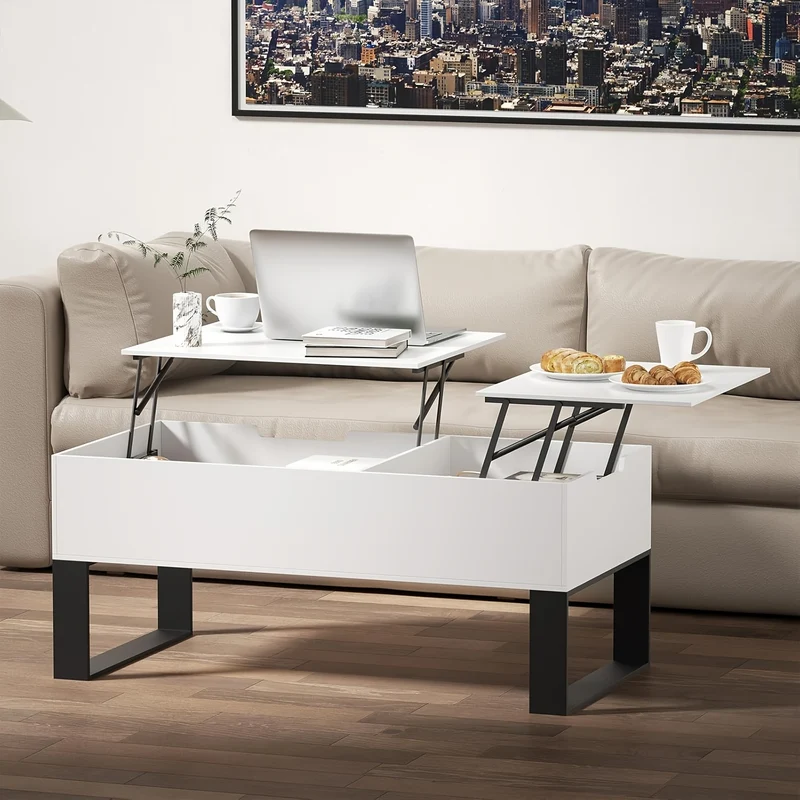 Verstelbare Salontafel – Multifunctionele Tafel – Opbergtafel – Liftbare Koffietafel – Uitklapbare Tafel – Hoogte Verstelbaar – Ruime Verborgen Opslag – Modern Wit 100x50x40 cm