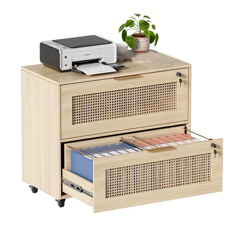 Kantoorarchiefkast – Archiefkast – Ladekast – Dossierkast – Rolluikkast – Lockable Met 2 Grote Lades – 360° Zwenkwielen – Beige 40x79x67,5 cm