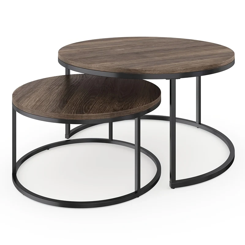 Salontafelset – Koffietafel – Bijzettafel – Nesting Tafels – Ronde Tafel – Retro Stijl – Metaal & Houtlook – Set van 2 - 70 & 50 cm