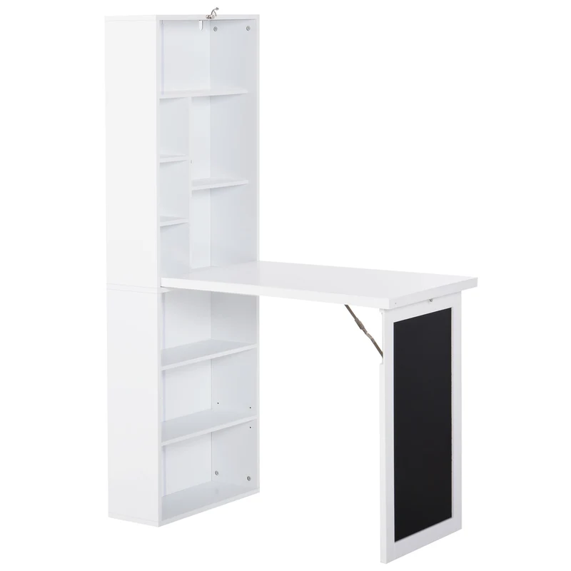 Klapbureau – Opklapbare Werktafel – Muurbureau – Schrijftafel – Opbergbureau – Wit – MDF Houtfineer – Ingebouwd Whiteboard & Boekenplank