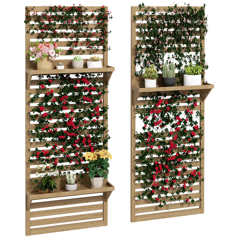 Plantenrek – Plantenstandaard – Plantentafel – Bloemenrek – Plantenzuil – Set van 2 – Houten Batterij – Met Latwerk Klimrek – Natuurlijk Hout – Voor Binnen & Buiten