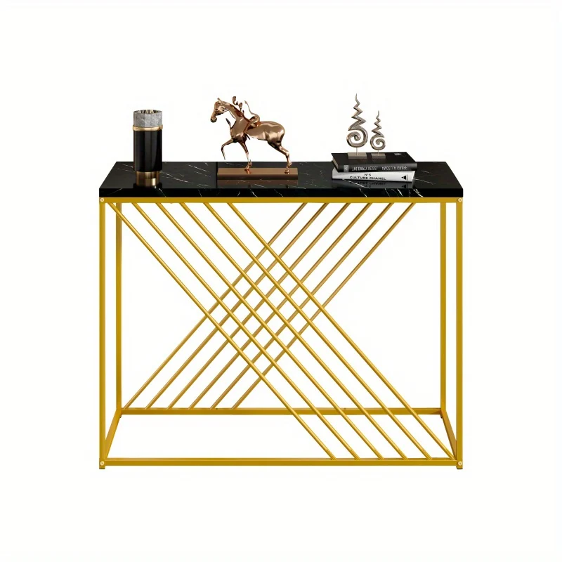 Sidetable – Console Tafel – Wandtafel – Haltafel – Dressoir – Zwart-Goud MDF – 100x35x77 cm – Hoogglans Blad – Stevig Metalen Frame