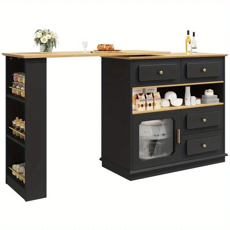 Bartafel – Statafel – Barmeubel – Keukentafel – Eettafel – Uitschuifbaar 125-181 cm – 360° Draaibaar – Metaal & MDF – Met Opbergruimte – Zwart – Voor Horeca & Thuis