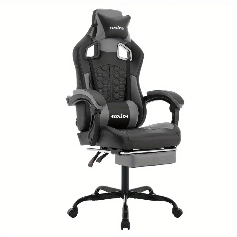 Gamingstoel – Gamestoel – Gaming Chair – Game Stoel – Bureaustoel – Ergonomisch – Verstelbare Lendensteun & Hoofdsteun – Met Metalen Frame & Voetensteun - Grijs en Zwart