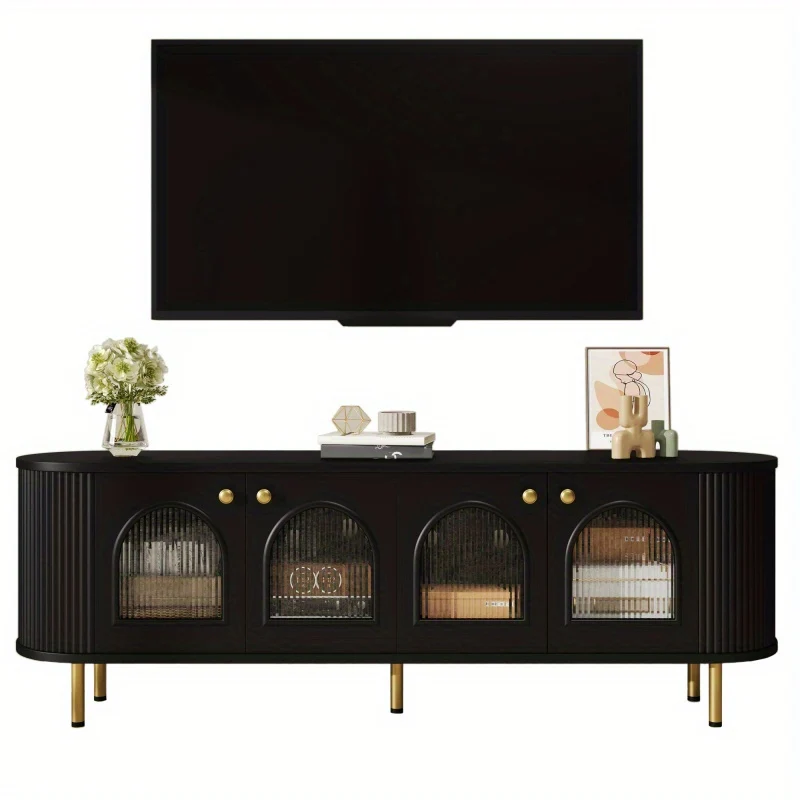 Tv-meubel – Lowboard – TV-kast – Media meubel – TV-dressoir – Zwart MDF met glazen deuren – Gouden handgrepen en poten – Ruime opbergruimte – Afgeronde hoeken