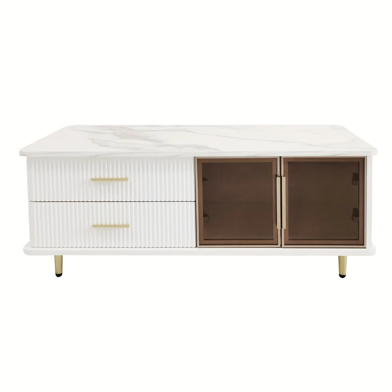Salontafel – Koffietafel – Bijzettafel – Lounge Tafel – Woonkamertafel – Marmerprint Tafelblad – Gouden Accenten – Opberglades met Golvend Patroon – Getemperd Glas – Hoogwaardig Spaanplaat