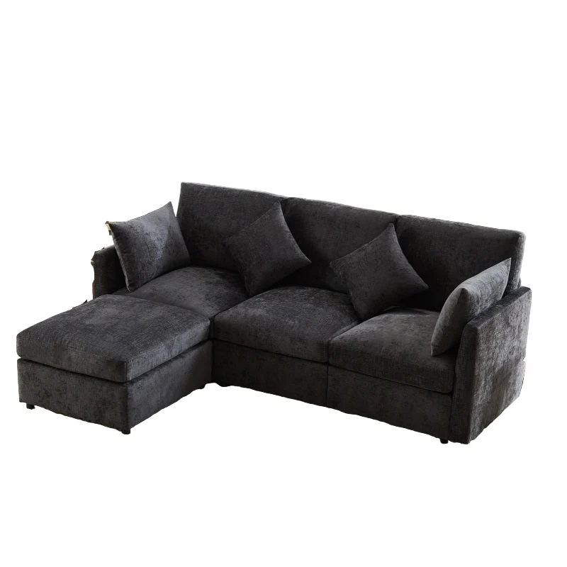Hoekbank – Hoeksalon – L-Vormige Bank – Loungebank – Slaapbank – Chenille Stof – Met Losse Voetenbank – Stevig Metalen Frame – Geschikt Voor 3-4 Personen