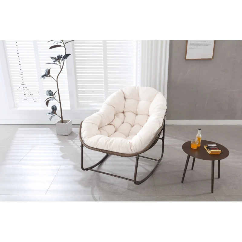 Schommelstoel – Relaxstoel – Fauteuil – Loungestoel – Tuinstoel – Oversized Ei-Vorm – 15,24 cm Dikke Kussen – Poedergecoat Stalen Frame & Handgevlochten Wit Rattan