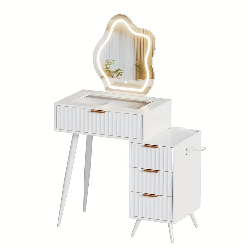 Make-up Tafel – Visagie Tafel – Schoonheidstafel – Kaptafel – Dressing Tafel – Wit – 4 Laden – Onregelmatige Spiegel – Glazen Blad – Föhnhouder – 80x40x128 cm – Houten Materiaal