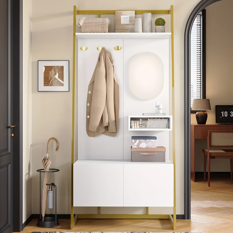 Kapstok – Garderoberek – Wandkapstok – Staande Kapstok – Kledingrek – Wit – Compact Ruimtebesparend Design – Inclusief Spiegel en Schoenenbank