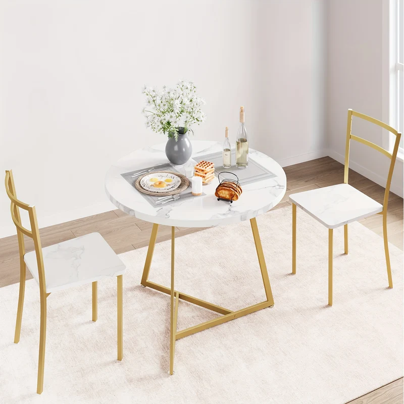 Eettafelset – Eethoek – Keukentafelset – Zitgroep – Tafel en Stoelen – Ronde Tafel Ø 80 cm – Wit Marmerlook Met Goud Metaal – Ruimtebesparend Compact Design – Makkelijk Schoon Te Maken