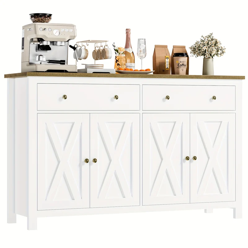 Buffetkast – Opbergkast – Keukenkast – Dressoir – Ladekast – Wit & Hout – Verstelbare Planken – Stevige Houten Constructie
