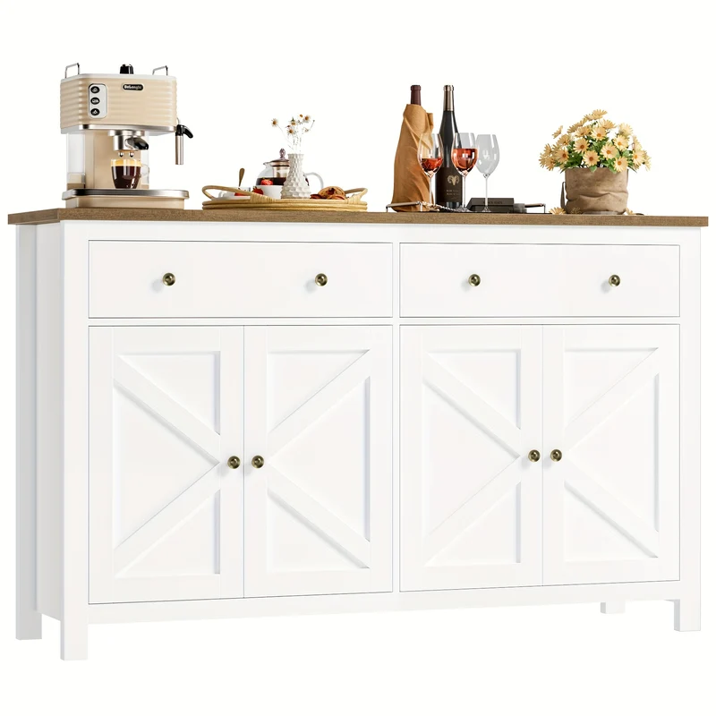 Kast – Opbergkast – Ladekast – Dressoir – Kastenmeubel – Verstelbare Planken – Stevig Hout – Wit Met Gouden Accenten