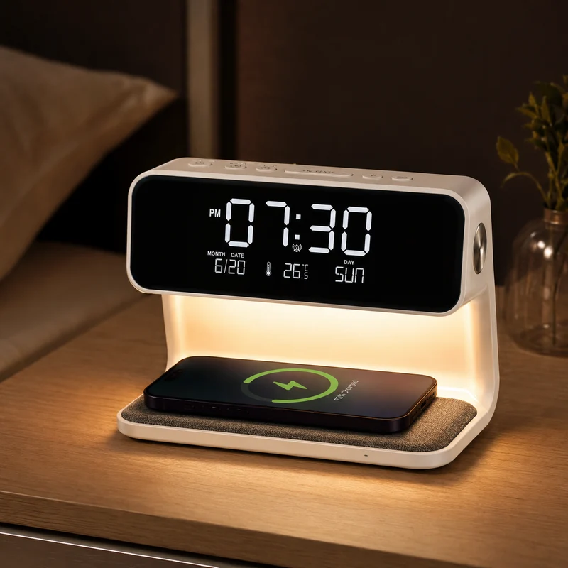 OCS - Multifunctionele LED Wekker - Nachtlamp met Draadloos Opladen & Temperatuurweergave