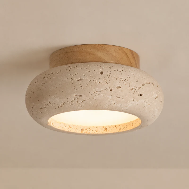 OCS - hiroki Wabi Sabi Plafondlamp - Travertijn LED Plafondlamp met Houten Basis