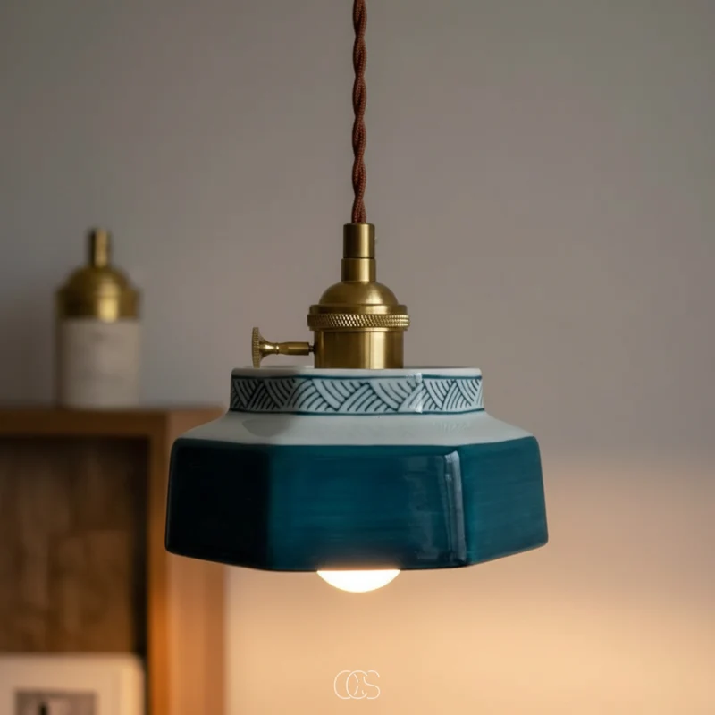 OCS - Serena Vintage Keramische Hanglamp - Handbeschilderde Designlamp met Koperen Details