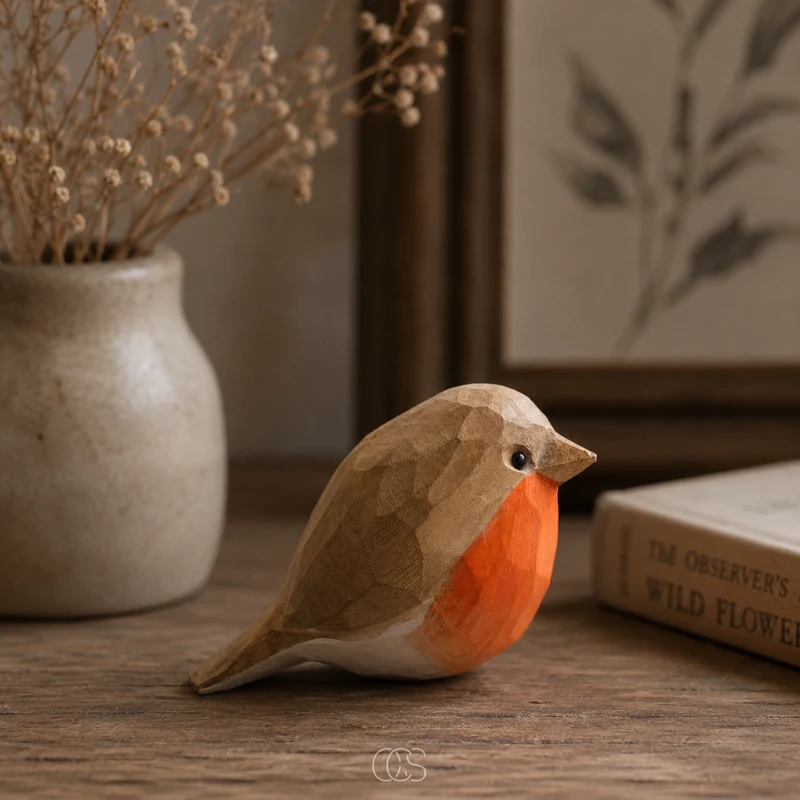 OCS - Handgemaakte Houten Roodborst - Decoratief Vogelbeeldje