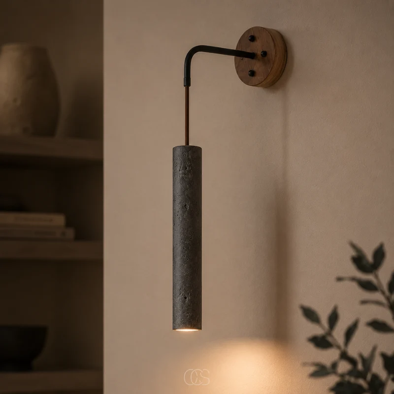 OCS - Seko Travertin Buis Wandlamp - Natuursteen Wandverlichting met Houten Details