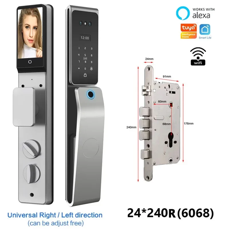 Smart Deurslot – Slimme Deurslot – Elektronisch Slot – Vingerafdrukslot – Toegangscontrole – 8 Ontsluitingsmethoden – IP67 Waterbestendig – 4 Inch HD Display - 24x240R - 6068 insteek