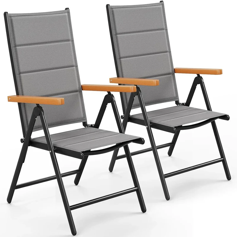Tuinstoel Set – Tuinstoelen – Balkonstoel – Vouwstoel – Klapstoel – 7-Instelbare Rugleuning – Lichtgewicht Aluminium Frame - Grijs Teakhouten Armleuning