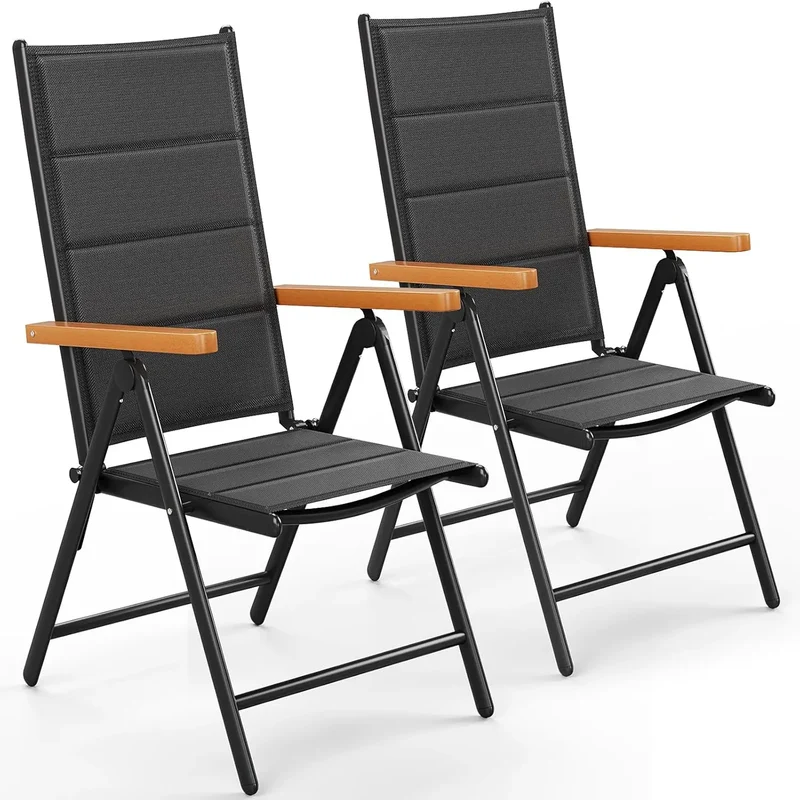 Tuinstoelen – Klapstoelen – Balkonstoelen – Tuinstoeltjes – Buitenstoelen – 7-voudig Verstelbare Rugleuning – Lichtgewicht Aluminium Frame - Zwarte Teakhouten Armleuning