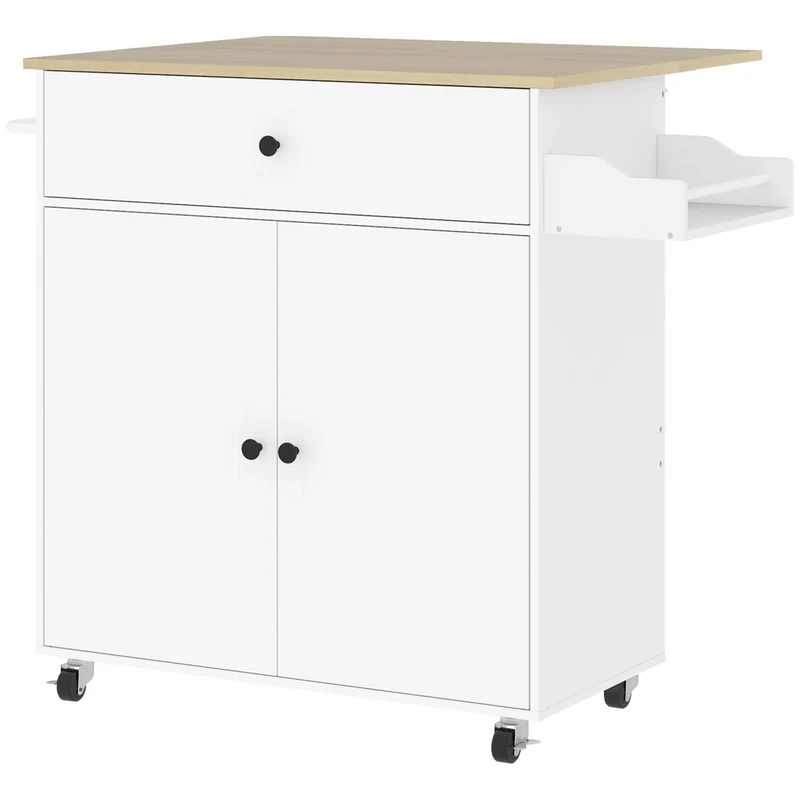 Keukeneiland – Keukentrolley – Keukenkast – Kookeiland – Werkblad – Uitklapbaar Werkblad – Melamine Afwerking - Wit en Eiken