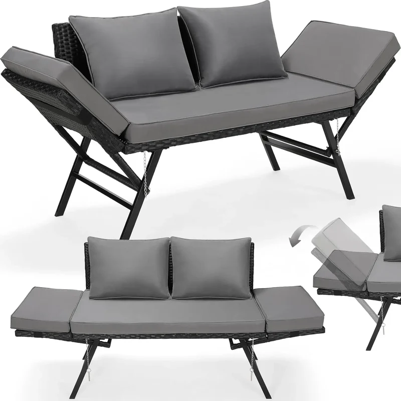 Tuinbank Polyrattan 3-zits – Loungeset – Buitenbank – Ligbank – Balkonbank – Verstelbare Armleuningen – Weerbestendig Zwart Polyrattan