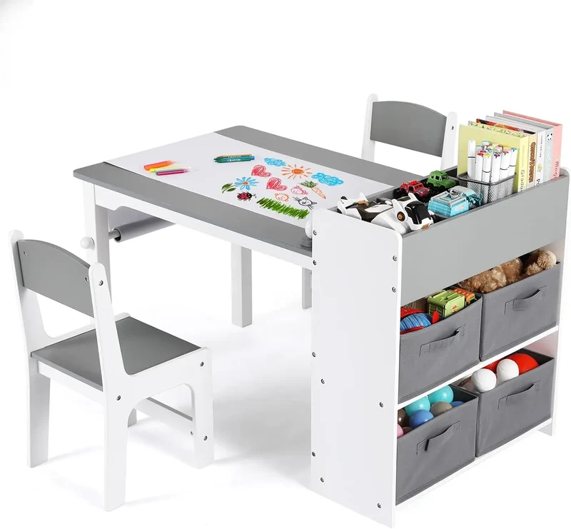 Kindertafel – Kinderbureau – Speeltafel – Knutseltafel – Tafel Met Stoelen – Inclusief Papierrolhouder – Duurzaam MDF-hout - Grijs