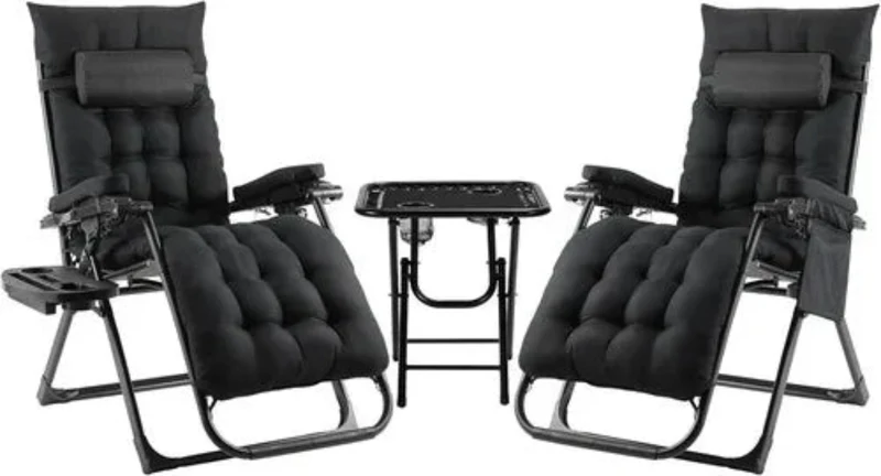 Ligbed – Zonnebed – Ligstoel – Tuinstoel – Loungestoel – Verstelbare Rugleuning 90-160° – Inclusief Kussen & Bekerhouder - Zwart