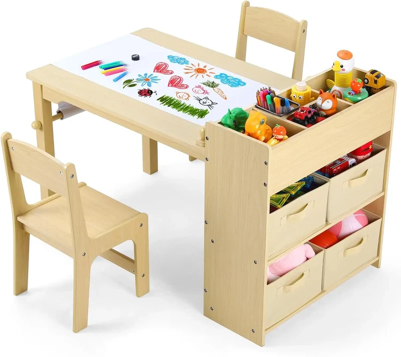 Kindertafel – Creatief Meubel – Speeltafel – Tekentafel – Houten Knutseltafel voor Kinderen – Met Papierrolhouder – Inclusief 2 Stoelen & Opbergruimte - Natuurlijk Hout