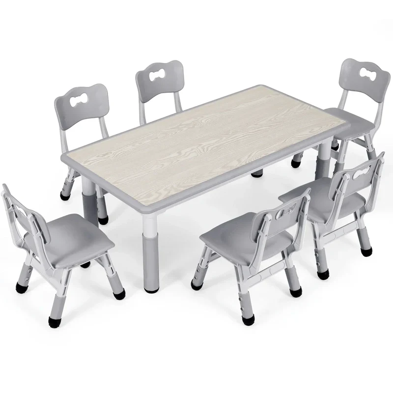 Kindertafel Met 6 Stoelen – Kindermeubel – Speeltafel – Schrijftafel – Kids Desk – Verstelbare Hoogte – Duurzaam Kunststofhout - Grijs