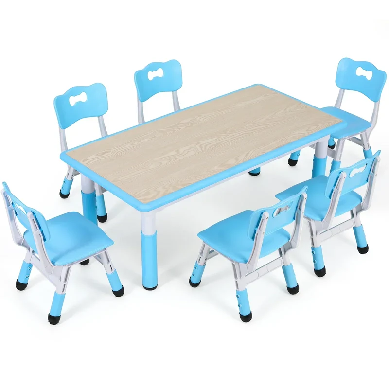 Kinder Tafel Met 6 Stoelen – Kindermeubel – Speeltafel – Knutseltafel – Verstelbare Kinderstoel – Verstelbare Hoogte – Duurzaam Kunststof Met Houtlook - Blauw
