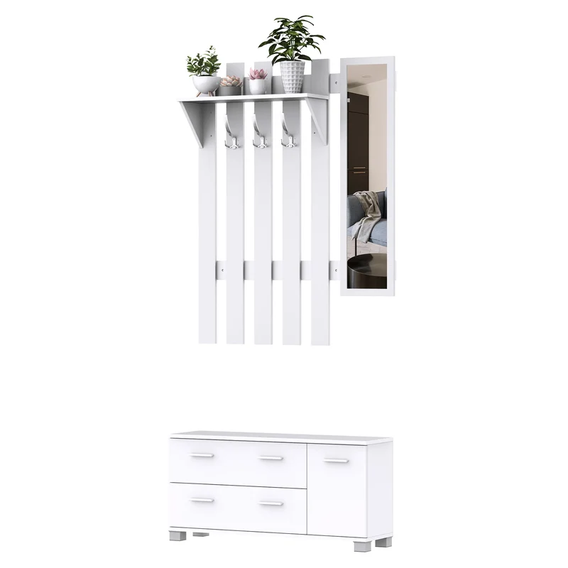 3-in-1 Halmeubel – Kapstok – Wandkapstok – Staande Kapstok – Garderoberek – Schoenenkast – Melamine Hout & Spiegel – Draagvermogen 100 kg